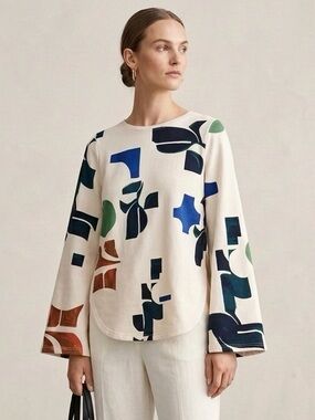 H&M Studio 2018 Long-Sleeve Tee sweatshirt with Multicolor Abstract Print Size 6